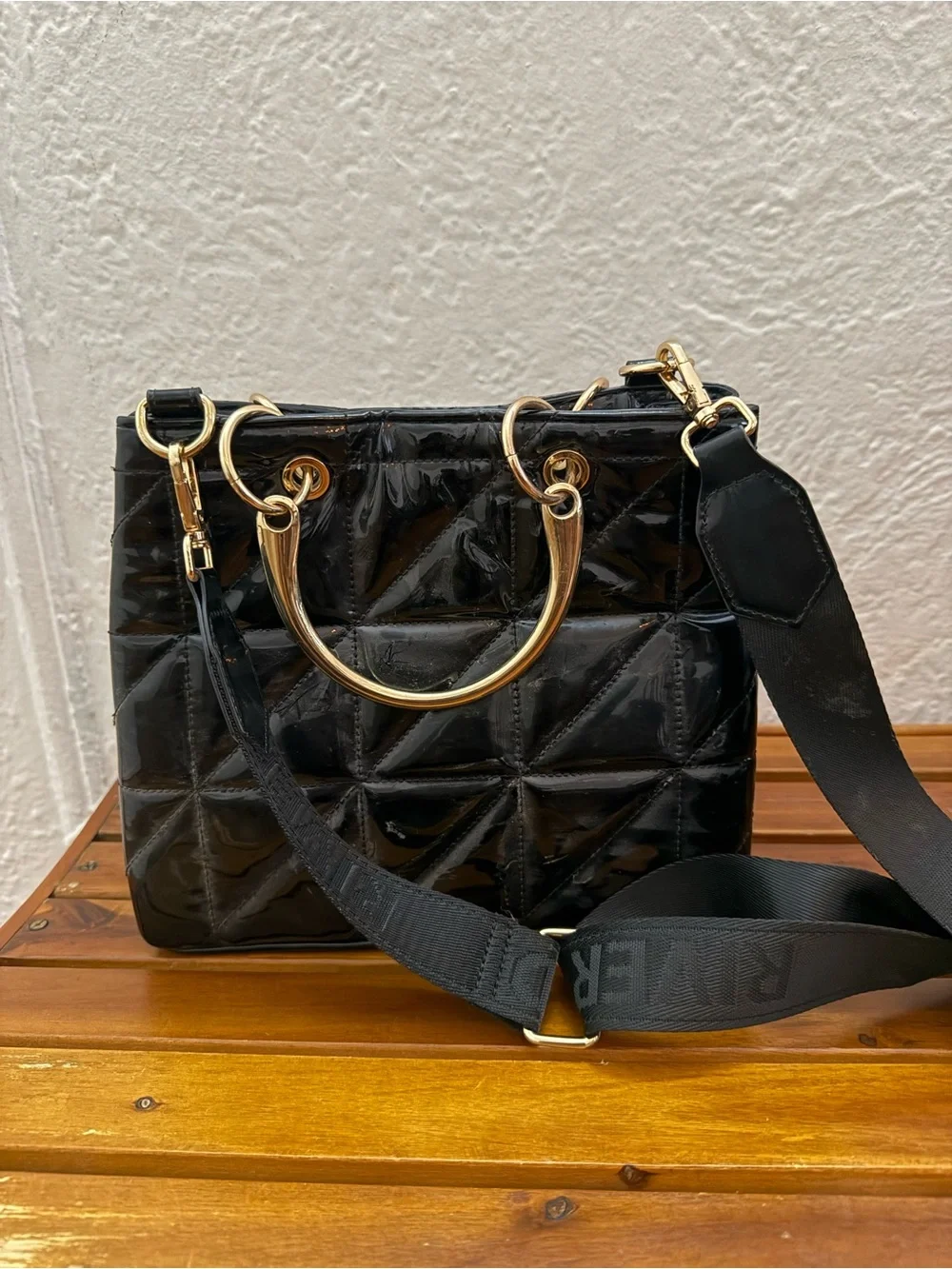 River Island Black Quilted Patent Satchel with Gold Hardware